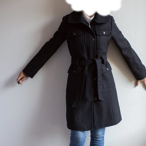 Esprit Outwear Trench Wool Single breasted Coat Overcoat Pockets Black S Small - Picture 1 of 16